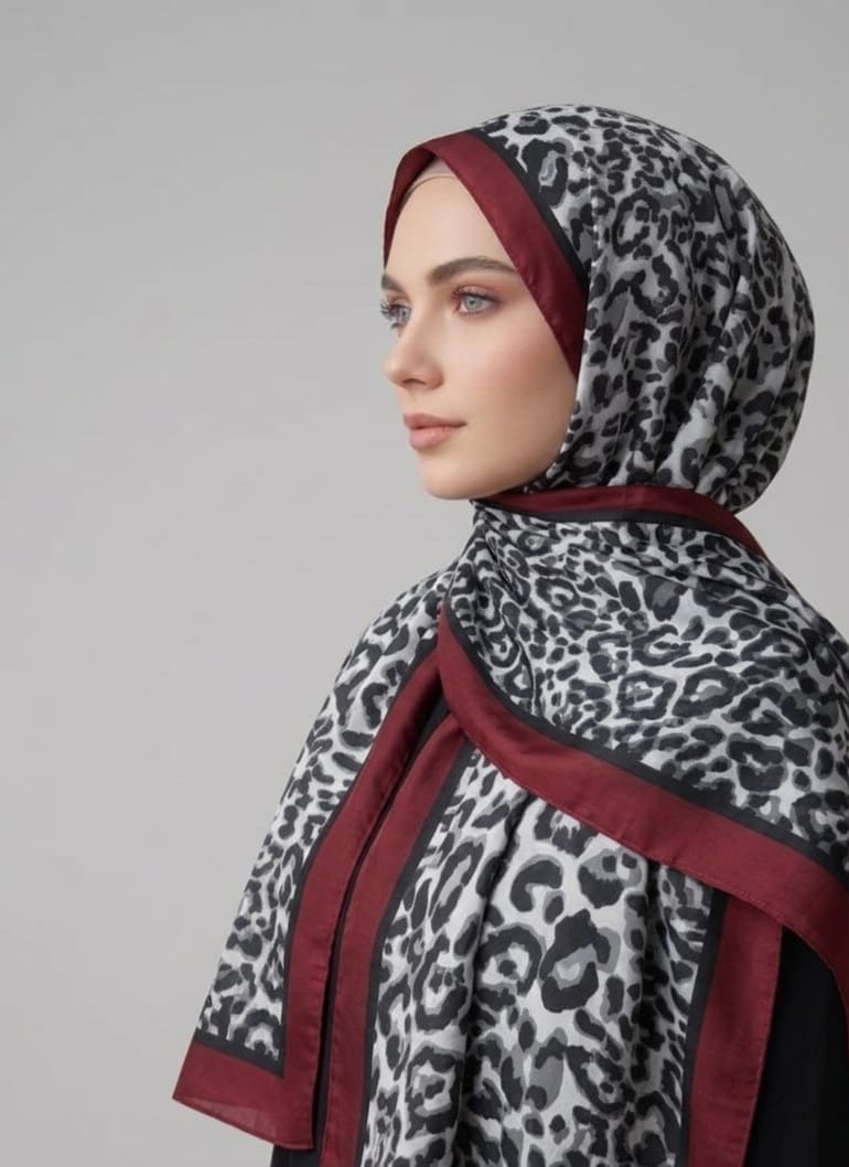 BORDO KENARLI GRİ LEOPAR ŞAL