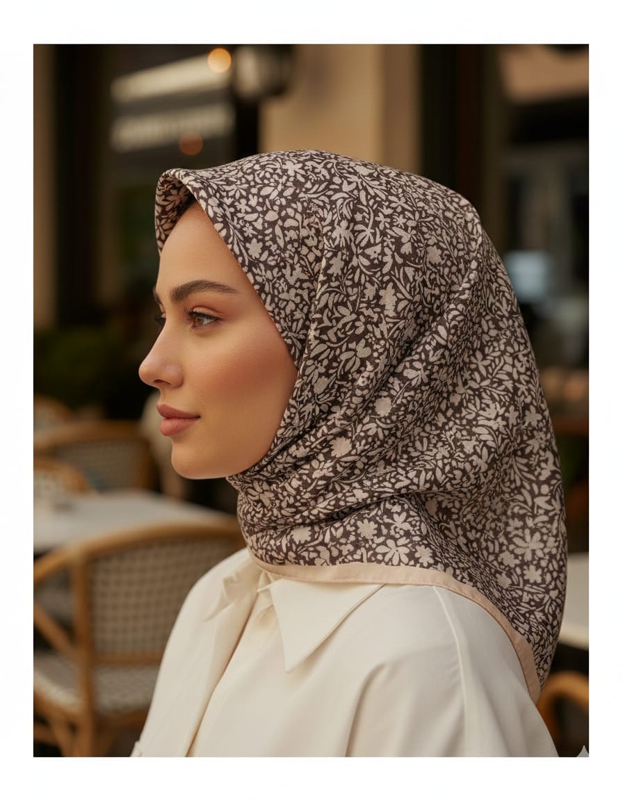 KAHVERENGİ DESENLİ KREM EŞARP