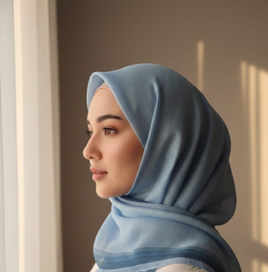 KEHRİBAR BANTLI MAVİ PARLAK EŞARP